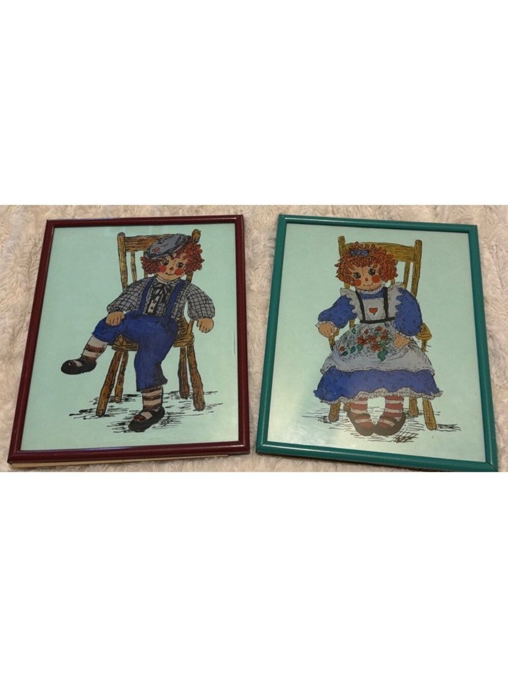 Set of 2 8 X 10 Raggedy Ann & Raggedy Andy Dolls Framed Art Drawings (READ)